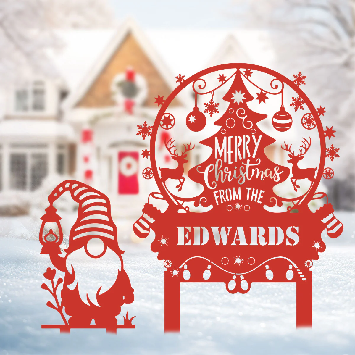 Personalized Merry Christmas Tree & Gnome Metal Garden Stakes - Image 2